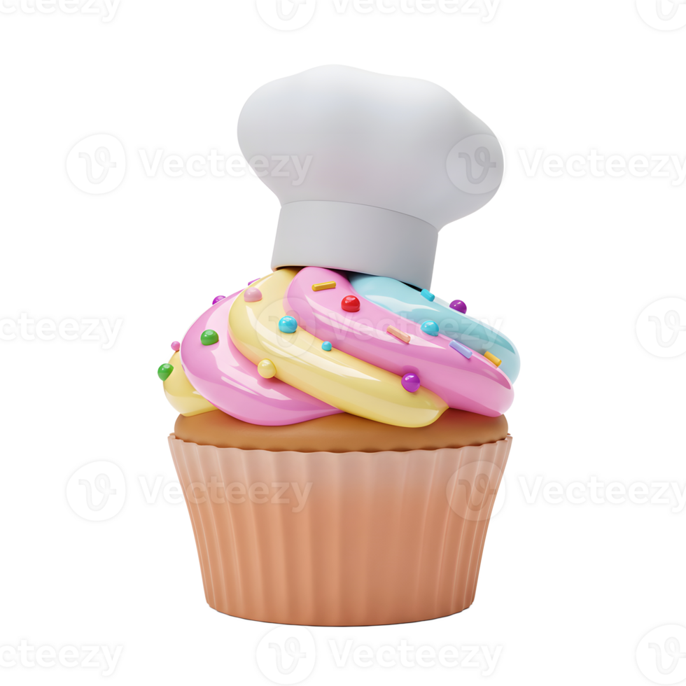 A cupcake wearing a chef hat features colorful frosting swirls and sprinkles, representing baking, confectionery, or party treats for celebrations. png