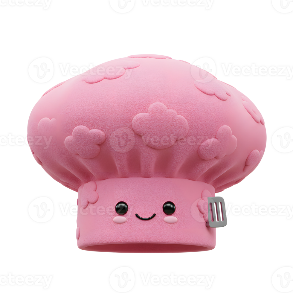 A cute pink chef hat with cloud decoration displays a smiling face and a small spatula accessory, perfect for kids pretend play. png