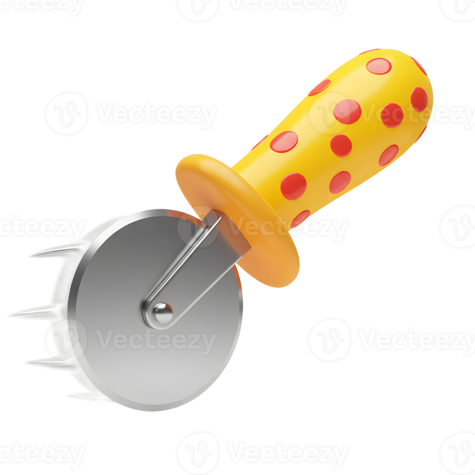 A pizza cutter features a silver wheel and a yellow handle adorned with red polka dots, suggesting a fun and playful aesthetic for slicing pizza. png