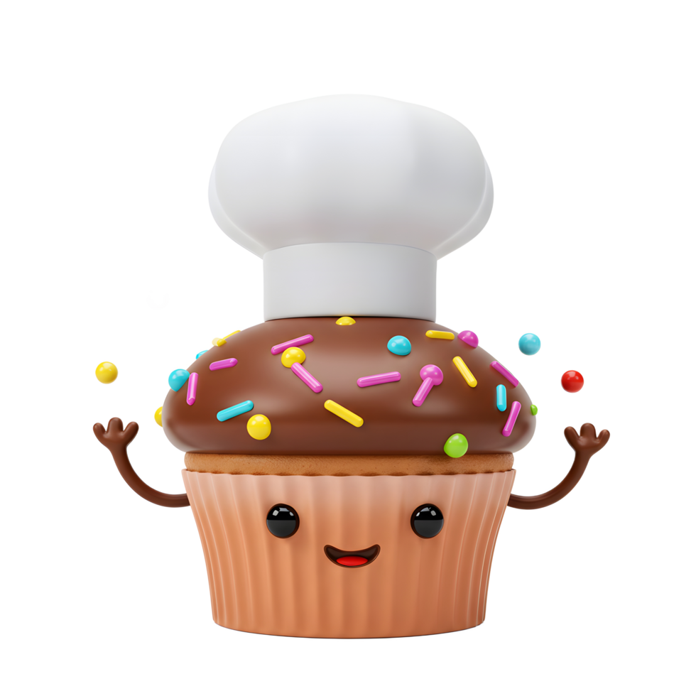 A cute cartoon cupcake with a chef's hat and colorful sprinkles joyfully juggles more sprinkles, perfect for adding a fun and whimsical touch to projects. png
