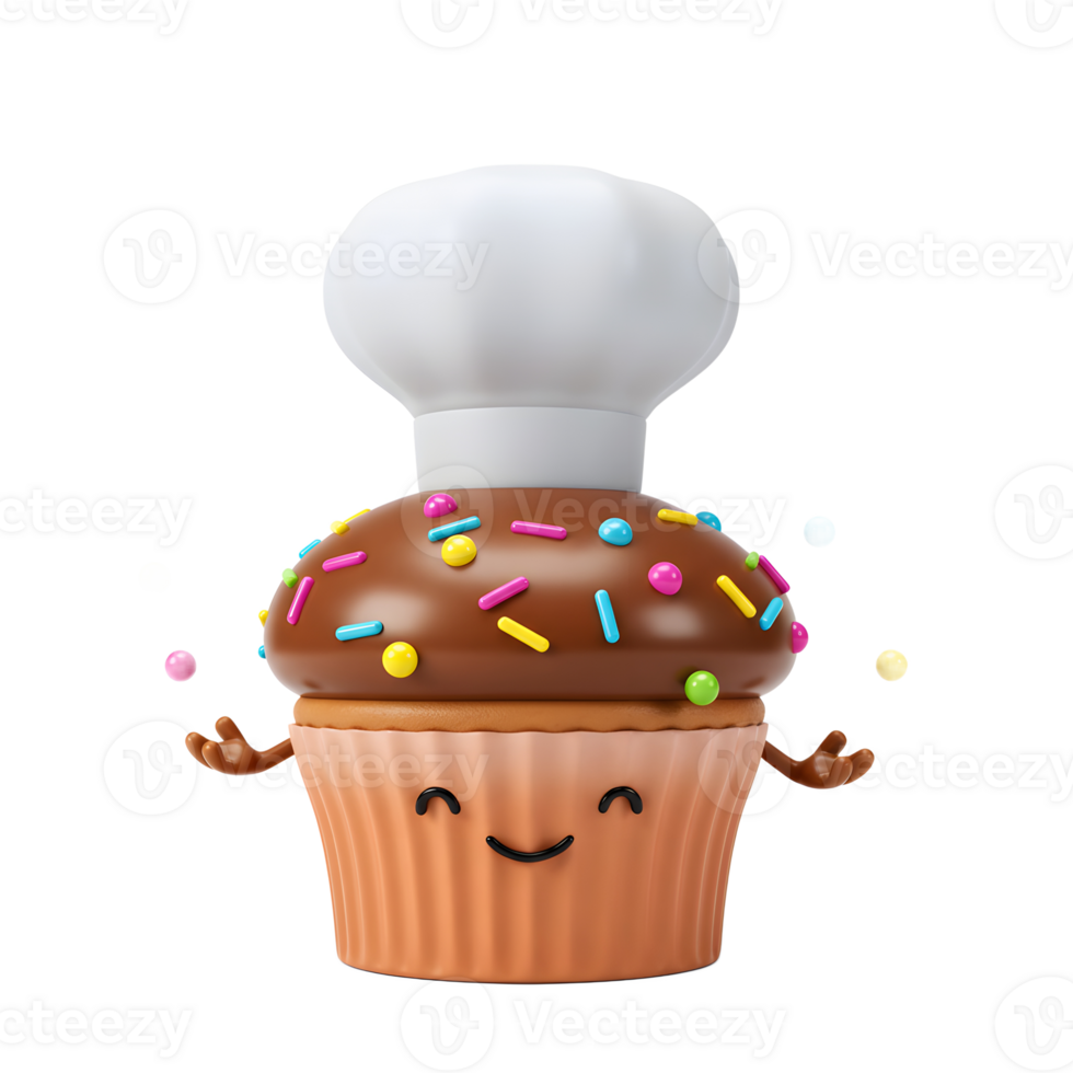 A cheerful cupcake wearing a chef hat and decorated with sprinkles is smiling and offering its arms, perfect for showcasing desserts and sweet treats. png