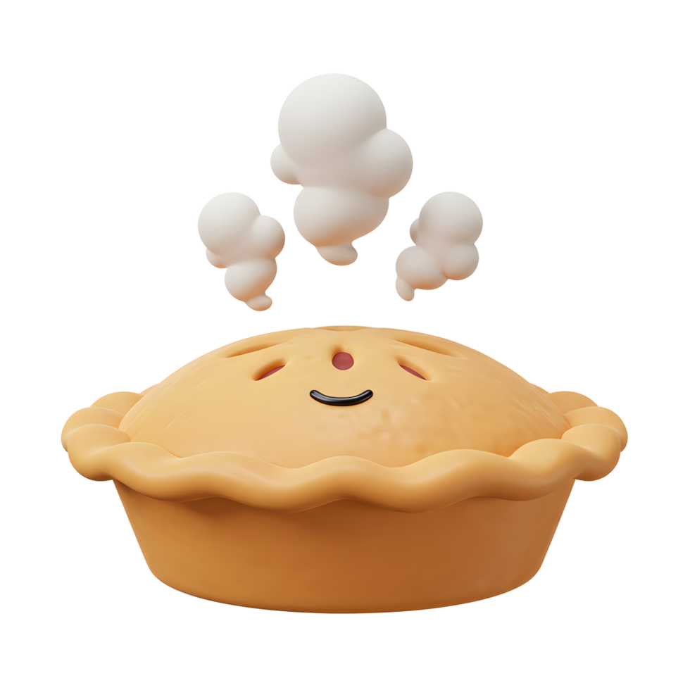 A cartoon pie with a smiling face emits steam, ideal for illustrating a warm and inviting dessert. png