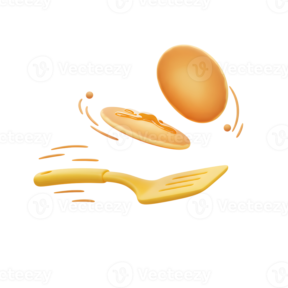 A stack of pancakes is being flipped by a yellow spatula in this illustration to show cooking breakfast. png
