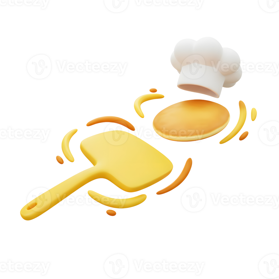 A pancake is being flipped into the air with a spatula, accompanied by a chef's hat and decorative swirls, for use in food preparation illustrations. png