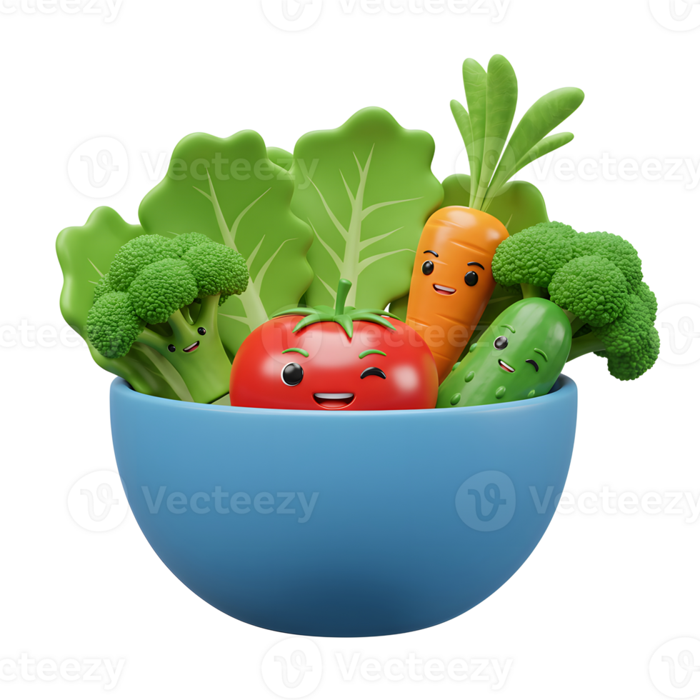 A bowl of cartoon vegetables, including tomato, broccoli, lettuce, carrot, and cucumber with smiling faces, ready to be used in a healthy meal or educational material. png