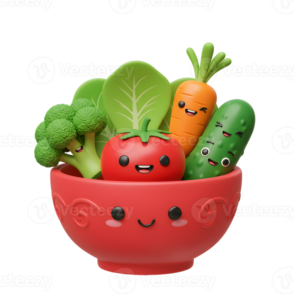 A red bowl is filled with happy cartoon vegetables including a tomato, carrot, cucumber, lettuce and broccoli, which can be used in children's illustrations. png