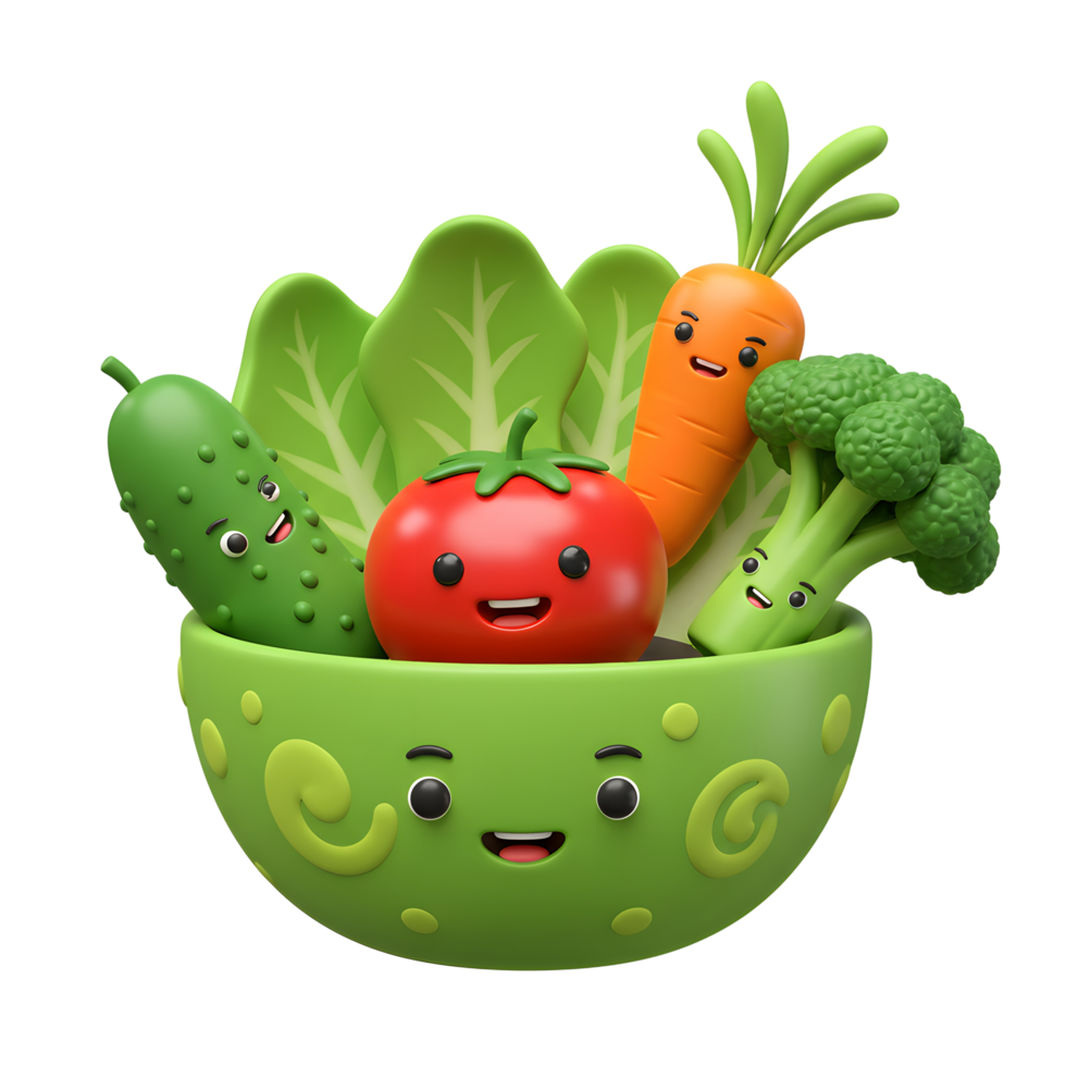 A cartoon-style bowl filled with a smiling tomato, cucumber, carrot, broccoli, and lettuce makes for a fun and healthy illustration. png