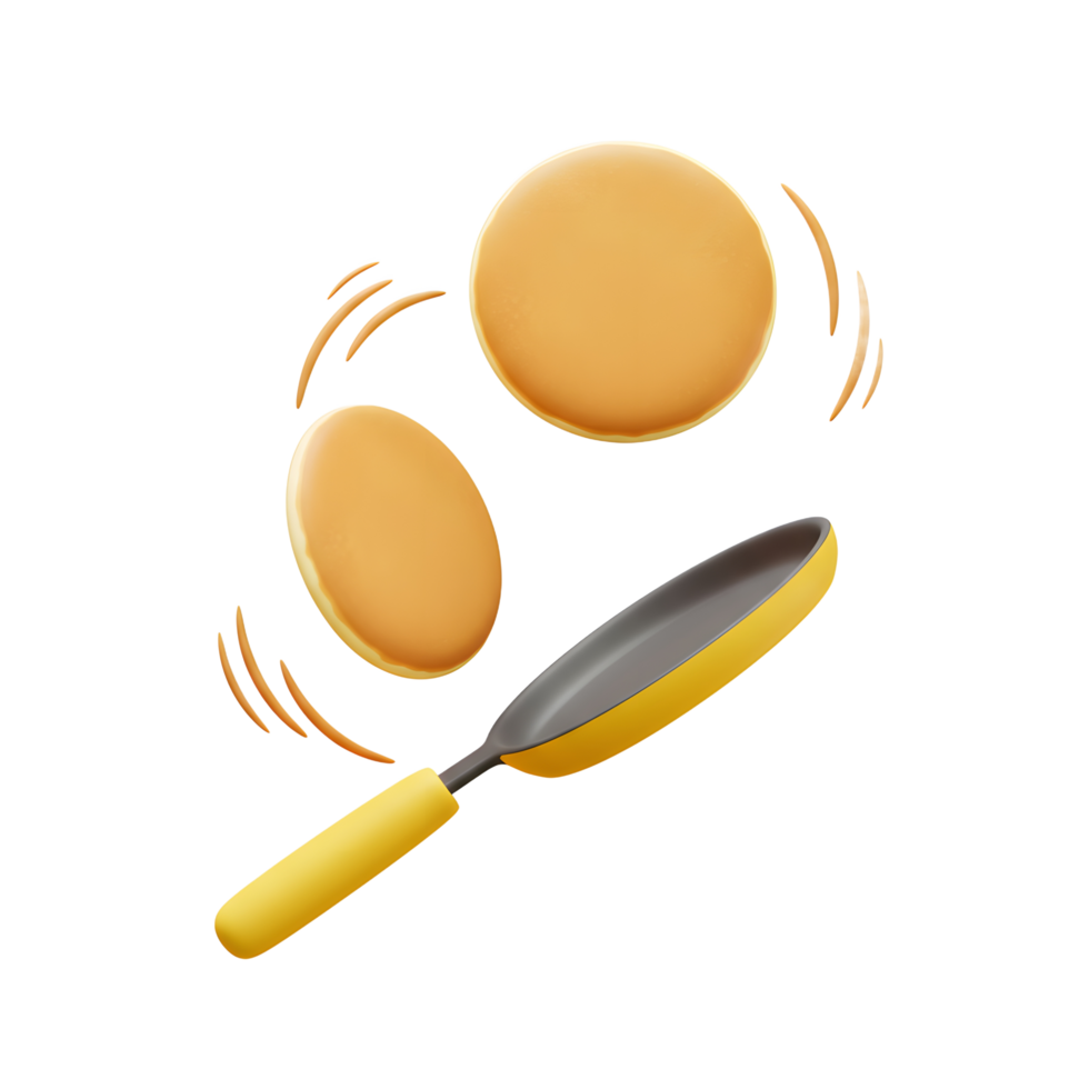 Two pancakes are being tossed in the air with a yellow handled frying pan, suggesting they are being cooked for breakfast. png