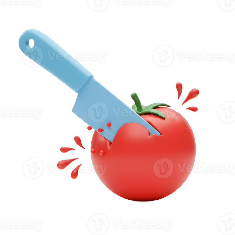 A stylized tomato is sliced by a blue knife with simulated juice spraying from the cut for culinary visuals. png