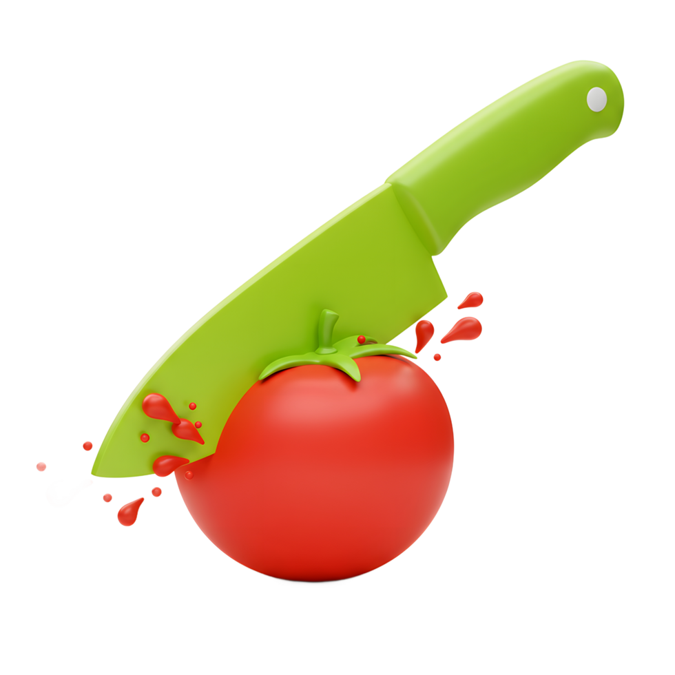 A red tomato is being sliced by a green knife, with drops visible to show that it's being used for cooking. png