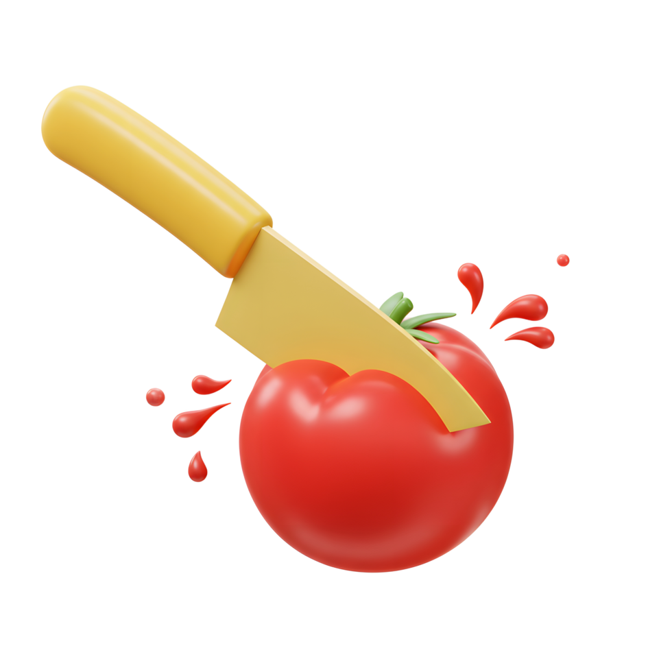 A red tomato is being cut by a yellow knife with red juice splashing out, making it suitable for food preparation. png