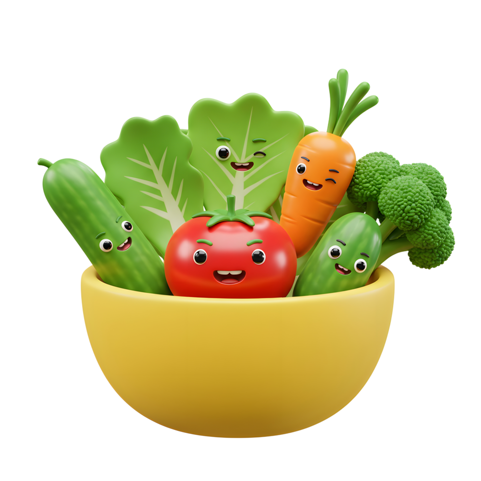 Cartoon vegetables with happy expressions are arranged in a bowl, possibly intended to promote healthy eating or for educational purposes. png