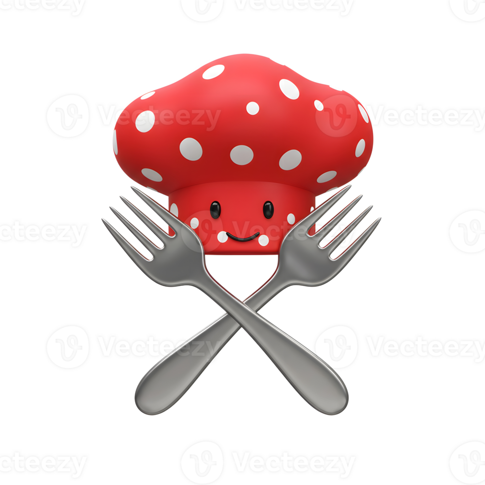A cartoon mushroom with a face is displayed with two crossed forks in front of it, perfect for culinary or food-related designs. png