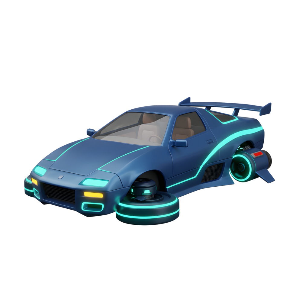 A sleek blue car is modified with futuristic floating wheels and glowing accents, suggesting a concept for future transportation. png