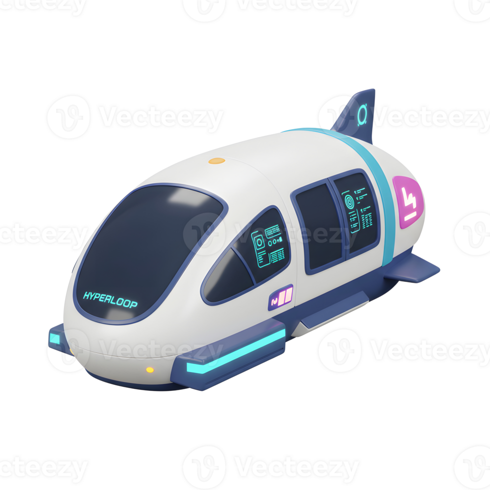 A futuristic hyperloop pod is depicted with a sleek design and neon accents, showcasing transportation and innovation in a modern setting. png