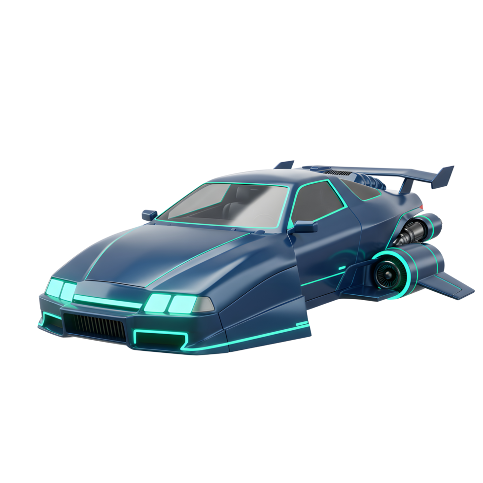 A sleek, futuristic flying car with blue neon highlights stands against a white background, representing a modern transportation concept. png
