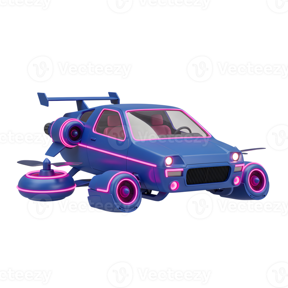 A blue futuristic car with neon accents is flying against a white background, ideal for use in science fiction or fantasy themed designs. png