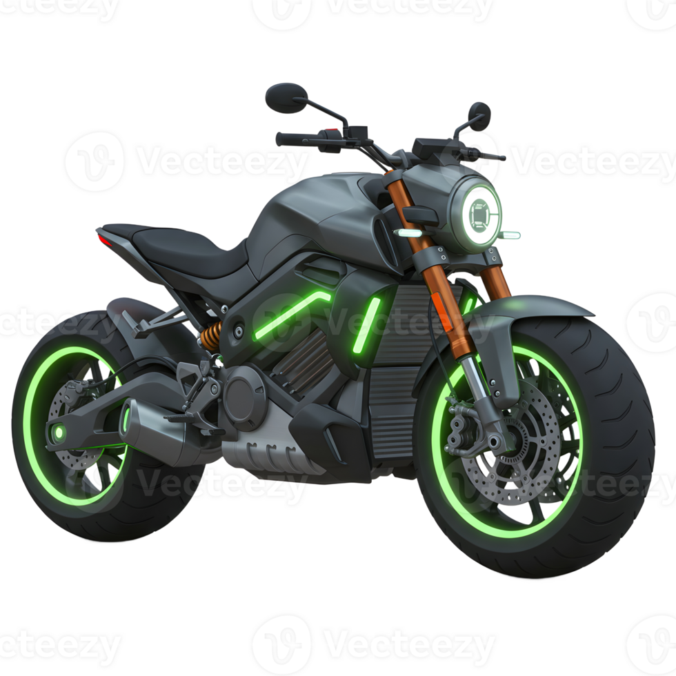 A gray motorcycle features glowing green accents on the wheels and frame, adding a futuristic touch and making it suitable for a vehicle concept design. png