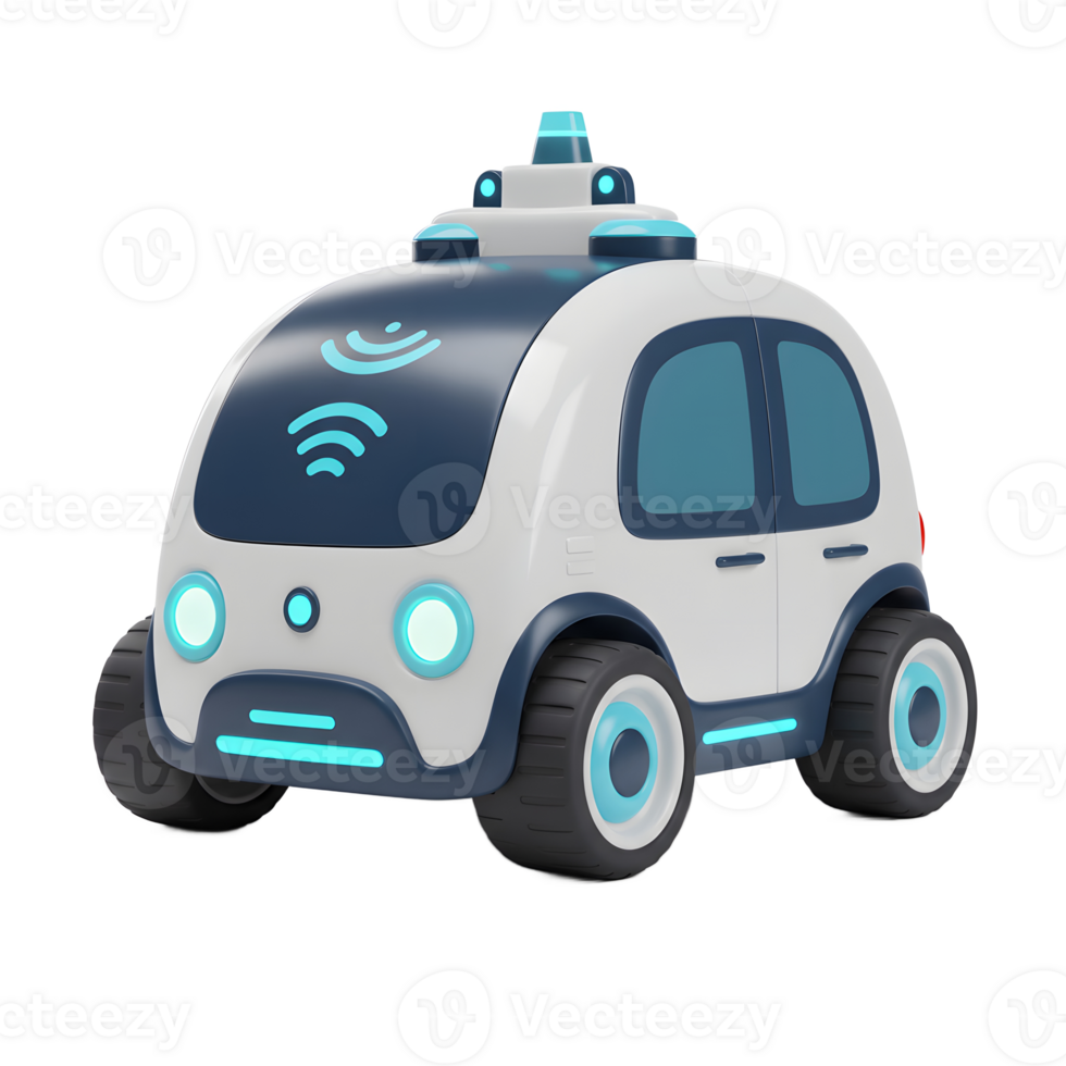 A white and blue autonomous car with a wireless signal symbol is depicted in a cartoon style, suggesting a modern and convenient form of transportation. png