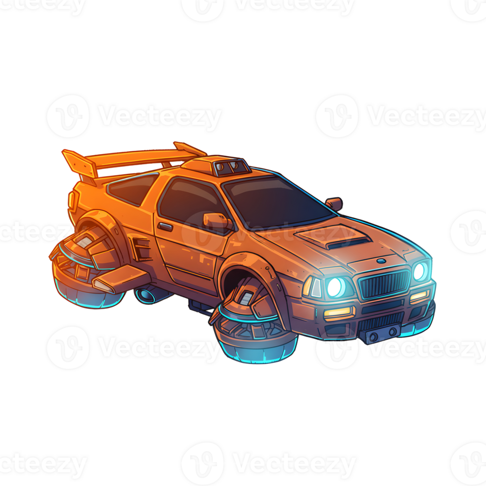 An orange futuristic car is flying with bright blue lights, making it suitable for science fiction designs. png