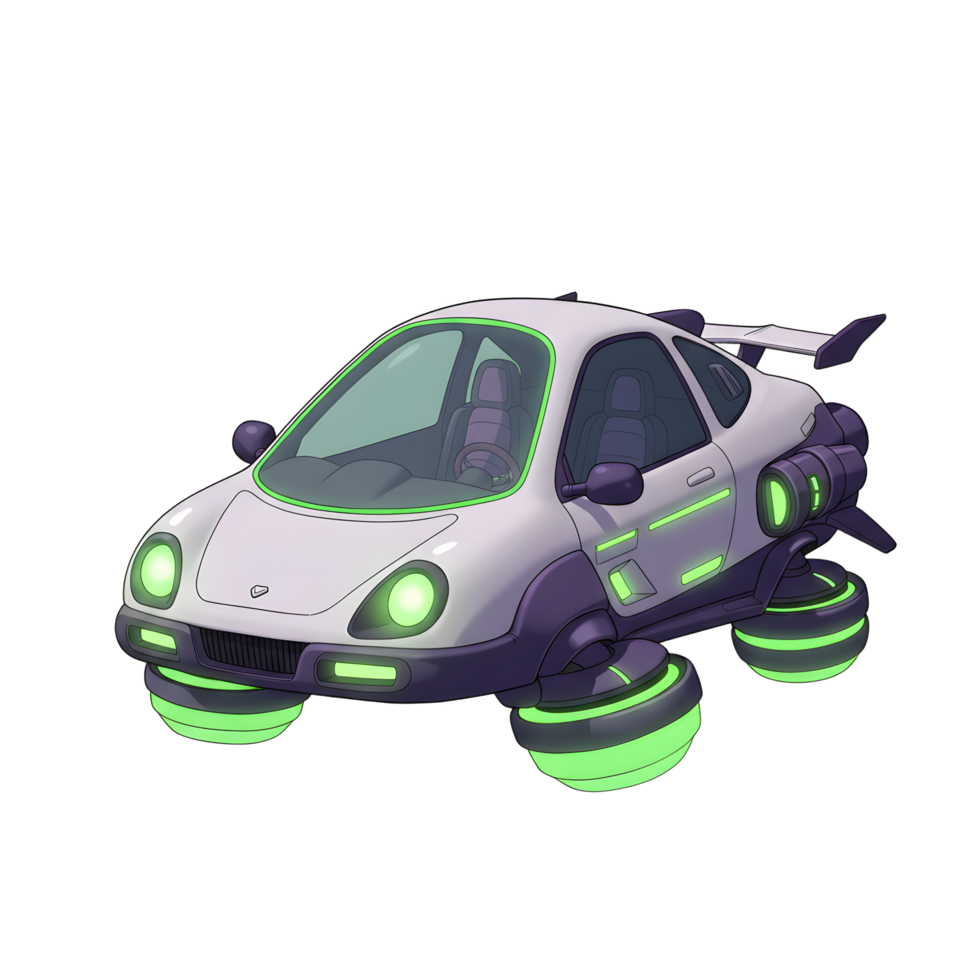 A white and purple futuristic car floats with glowing green lights, perfect for illustrating innovative transportation concepts. png