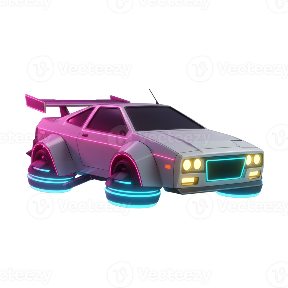 A futuristic car hovers with glowing neon accents and a streamlined design, perfect for science fiction concepts or technology illustrations. png