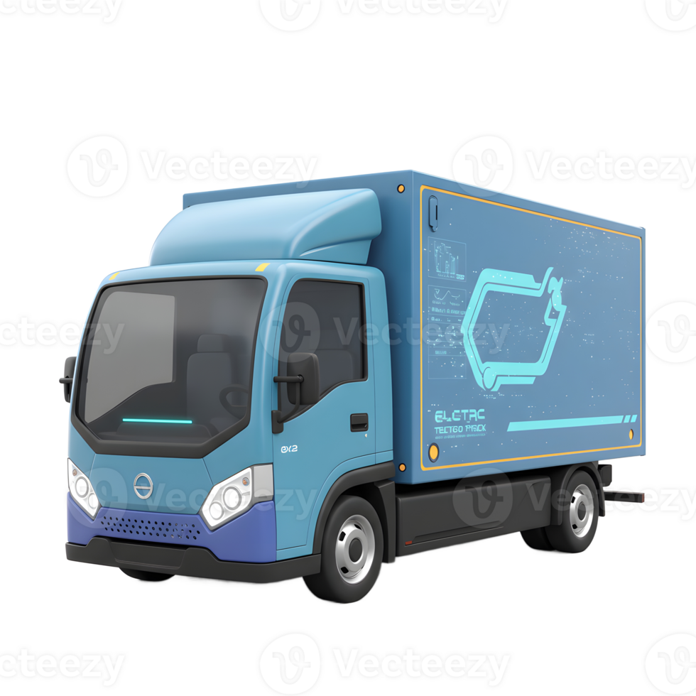 A light blue electric delivery truck stands on a white background, featuring a boxy design with a futuristic graphic on the cargo area, which can be used for commercial transportation. png
