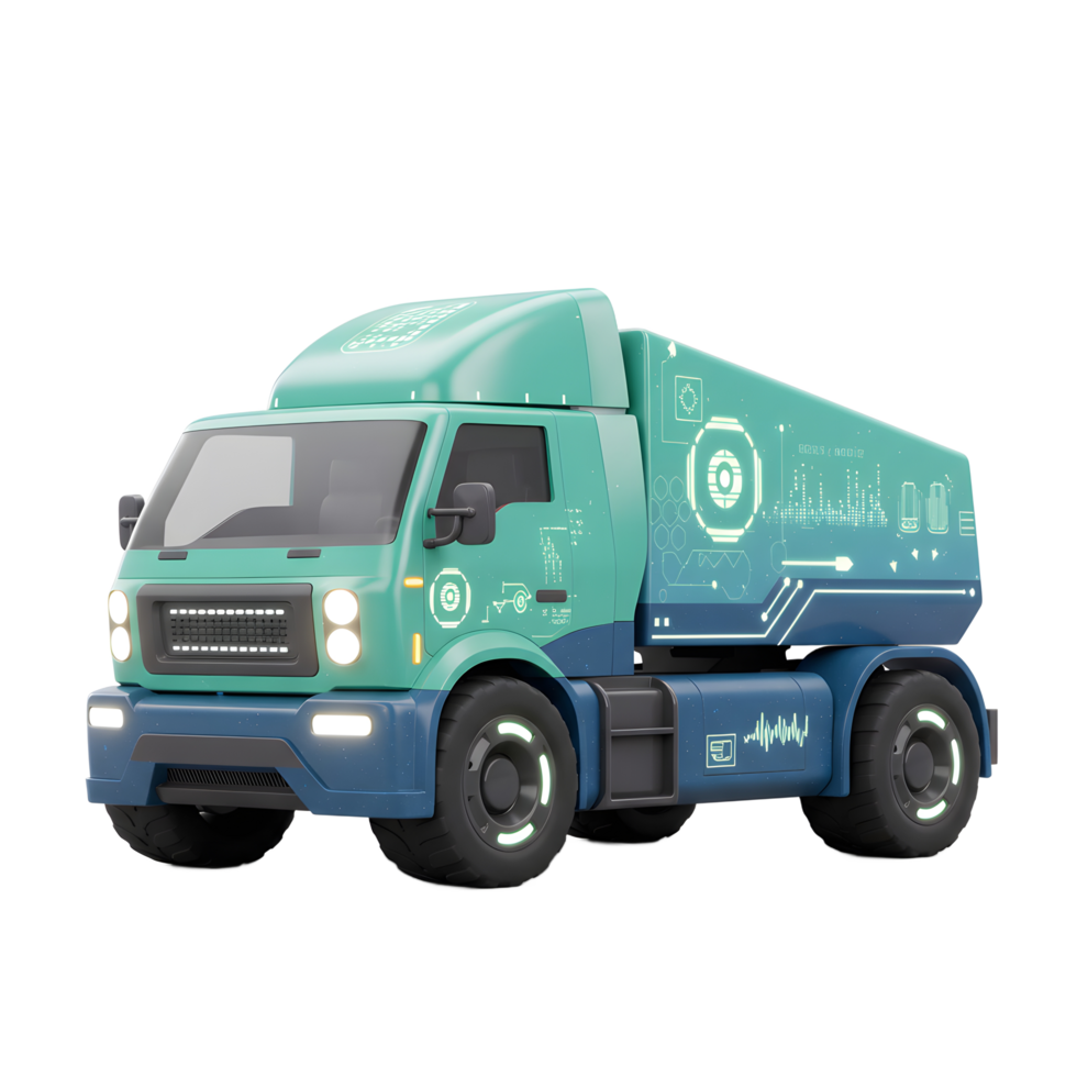A futuristic turquoise and blue truck is shown on a white background, decorated with technology-themed graphics, to be used as a design element. png