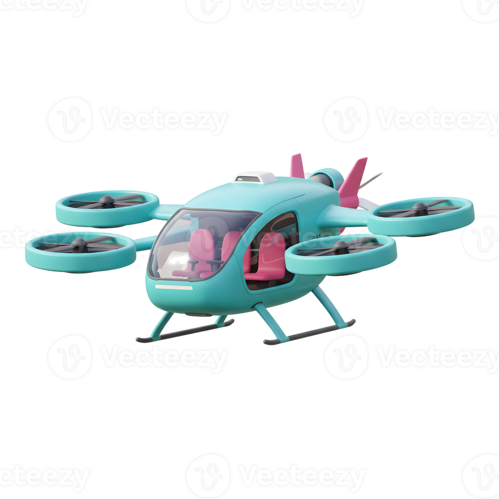 A teal and pink autonomous air taxi is shown with rotors and passenger seats, representing future transportation options. png