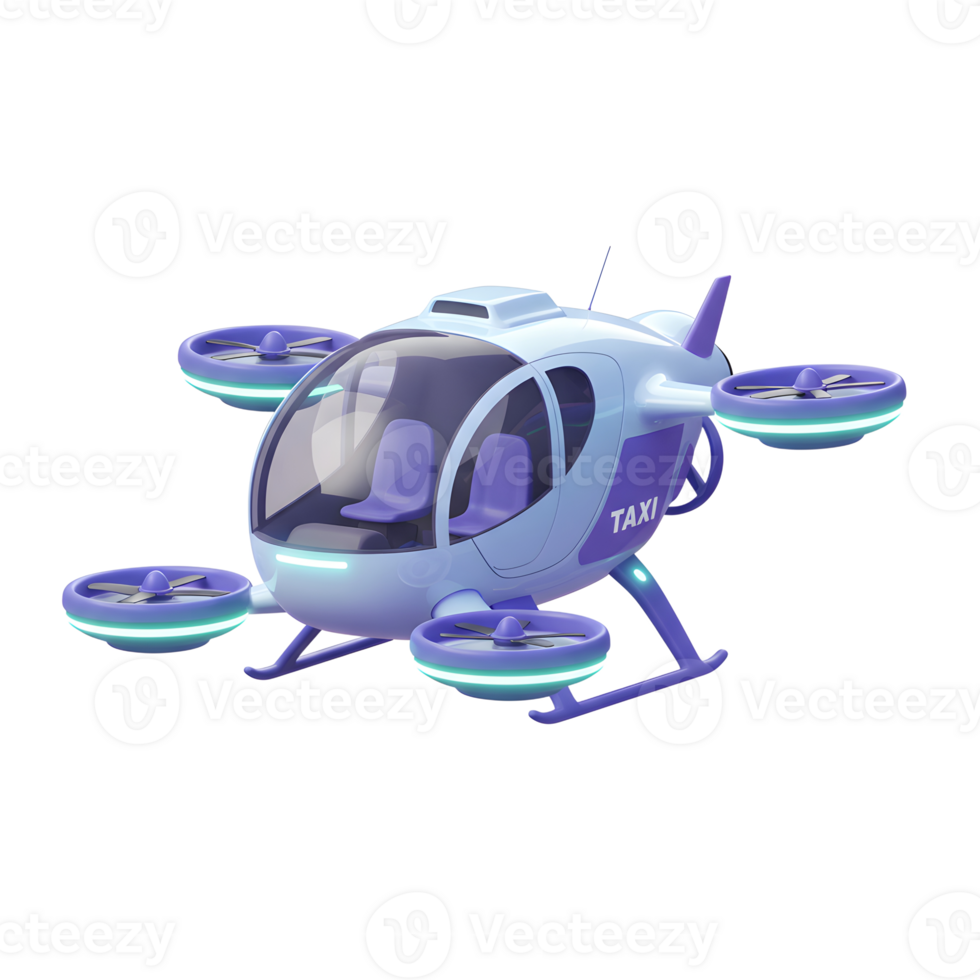 This illustration shows a futuristic, stylized flying taxi with multiple propellers on a clean white background, suggesting a concept for urban transportation. png