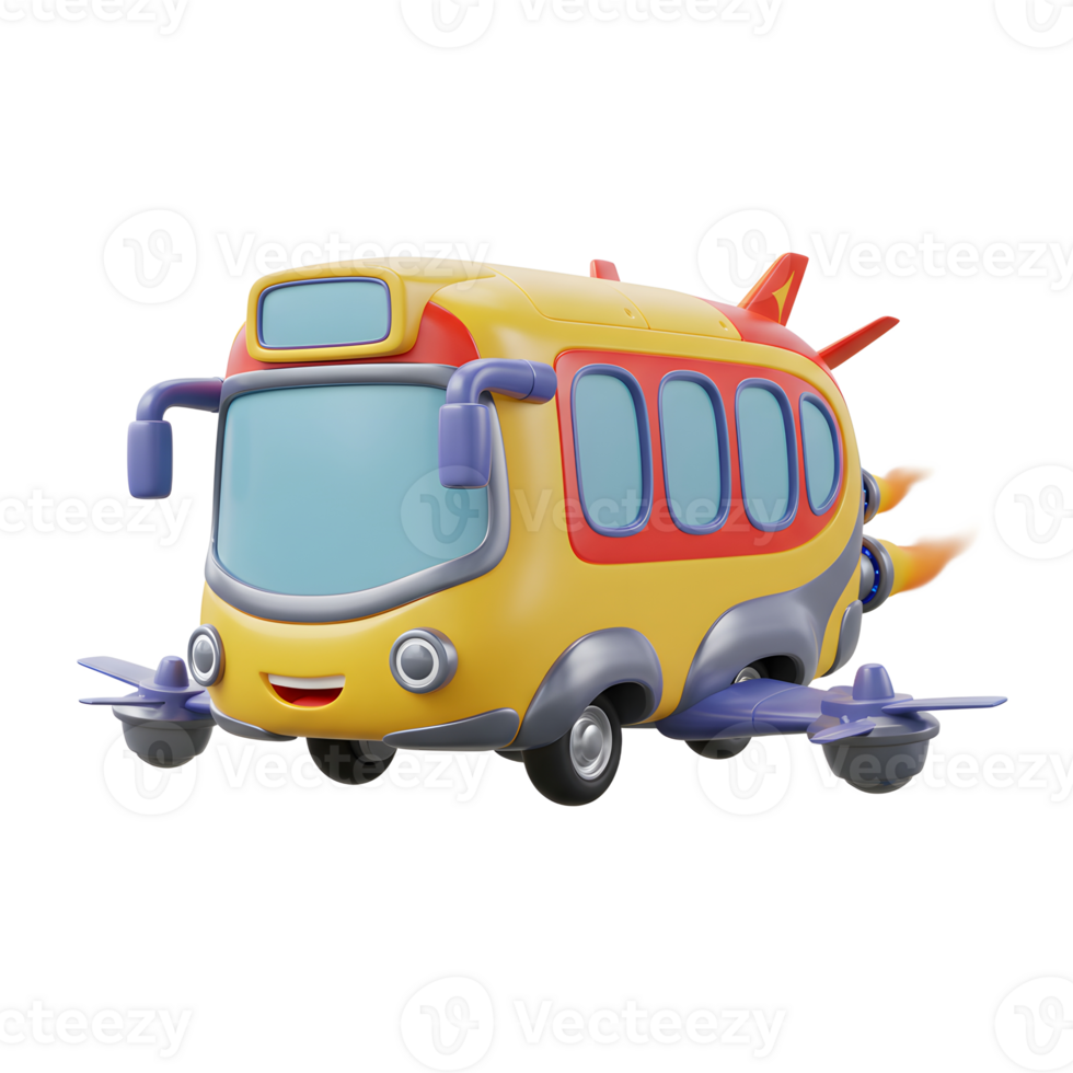 A yellow and red cartoon bus with a jet engine flies with its propeller wings, ideal for use in children's animations and illustrations. png