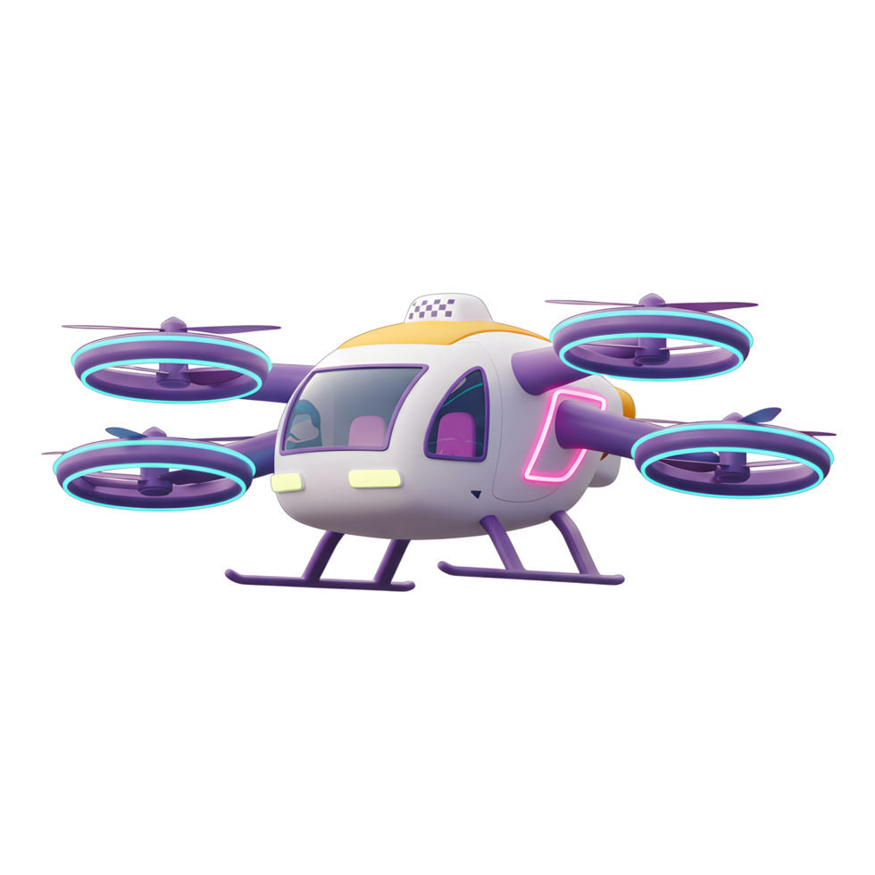 A cartoon taxi drone is depicted with rotating rotors, a playful and modern design for futuristic transportation visuals. png