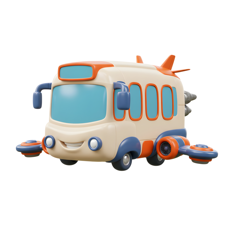 Cartoon school bus with orange and blue accents is flying with jets and wings, making it suitable for children's illustrations. png