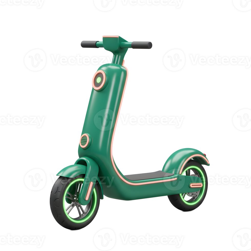 A green electric scooter with black handles and wheels is displayed against a clean white backdrop, ideal for daily commute. png