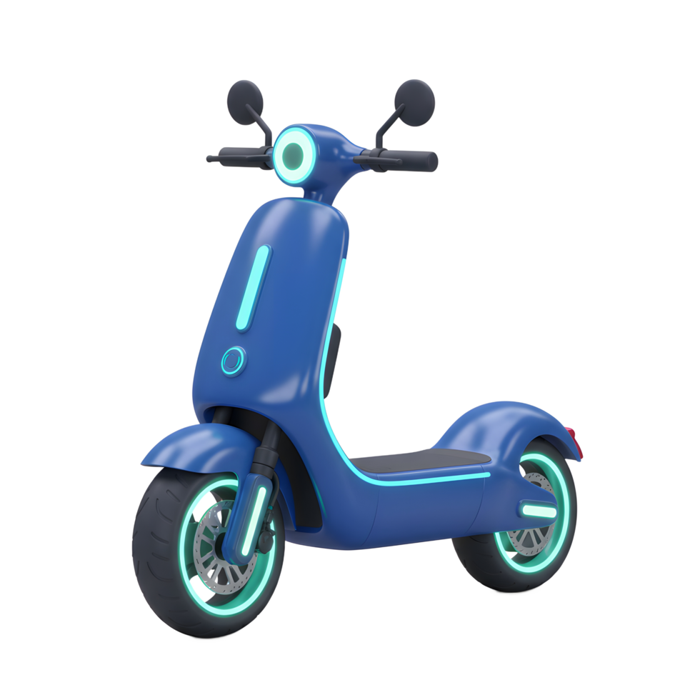 A sleek blue scooter with neon accents sits on a white background, ideal for modern and eco-friendly transportation. png