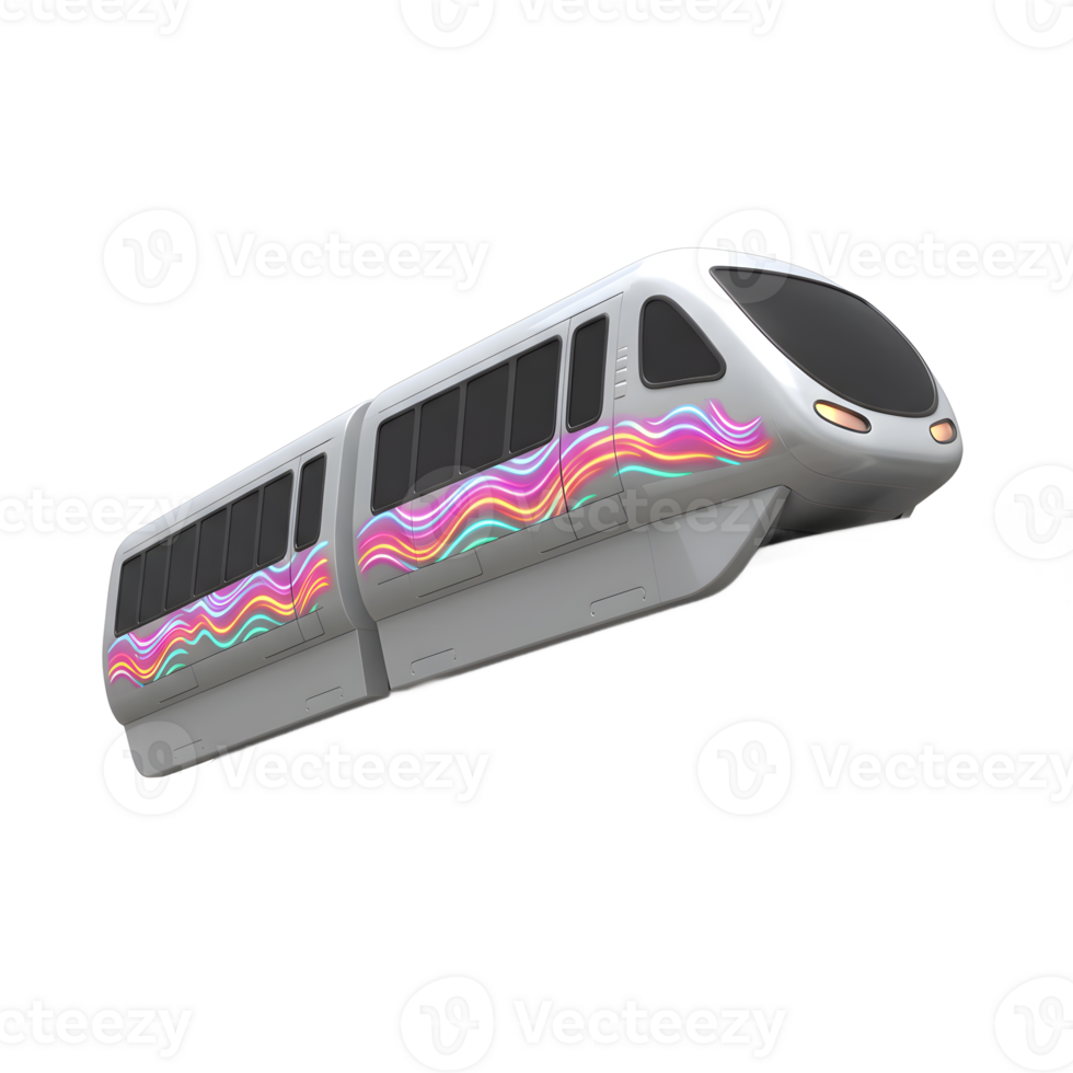 A sleek, futuristic elevated train featuring a dynamic colorful wave design glides along a track, showcasing modern transportation. png
