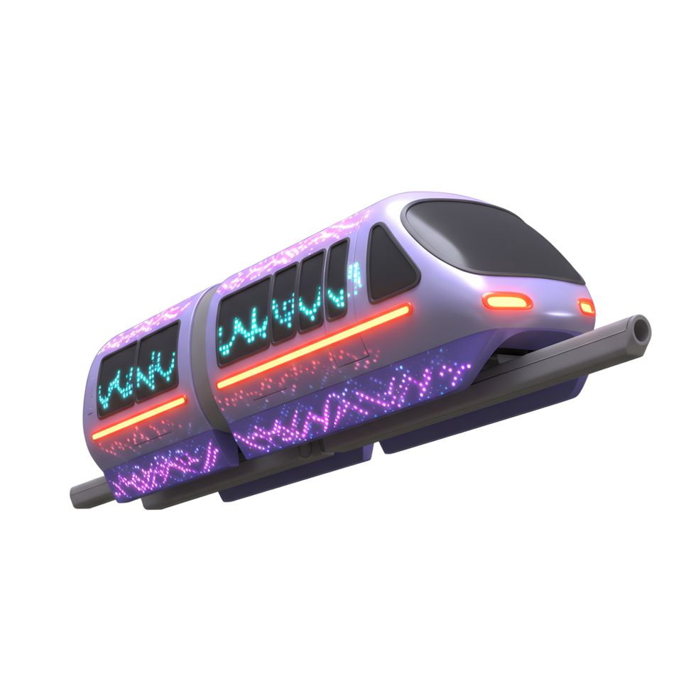 A futuristic purple train with glowing LED patterns travels on a rail, potentially used as a modern transportation system. png