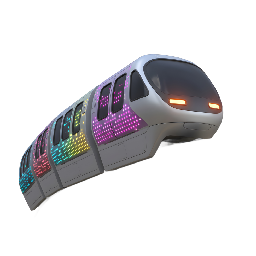 A modern monorail train is traveling on an elevated track, showcasing vibrant rainbow lights and a sleek design for efficient urban transport. png