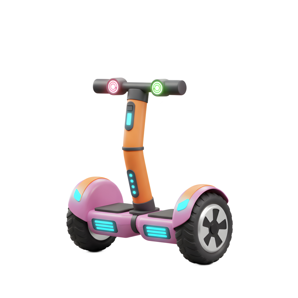 A pink and orange self-balancing scooter with glowing lights stands on a white background, making it ready for personal transportation. png
