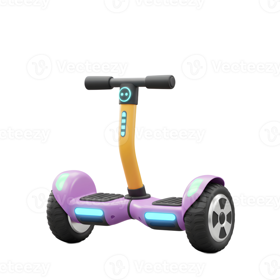 A cartoon style hoverboard scooter with a purple frame and yellow handle is displayed for use as a personal transport device. png