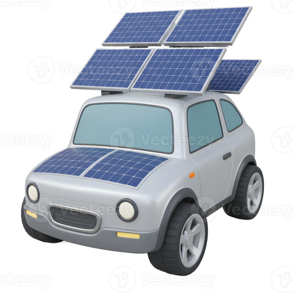 A cartoon-style silver car is covered in blue solar panels, illustrating renewable energy sources for transportation. png