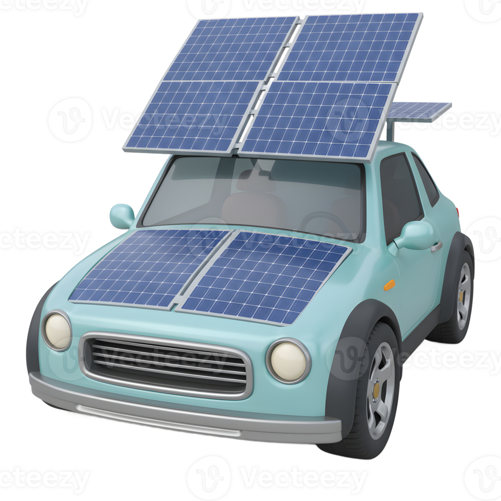 A light blue car is fitted with solar panels on its hood and roof to promote clean energy transportation. png