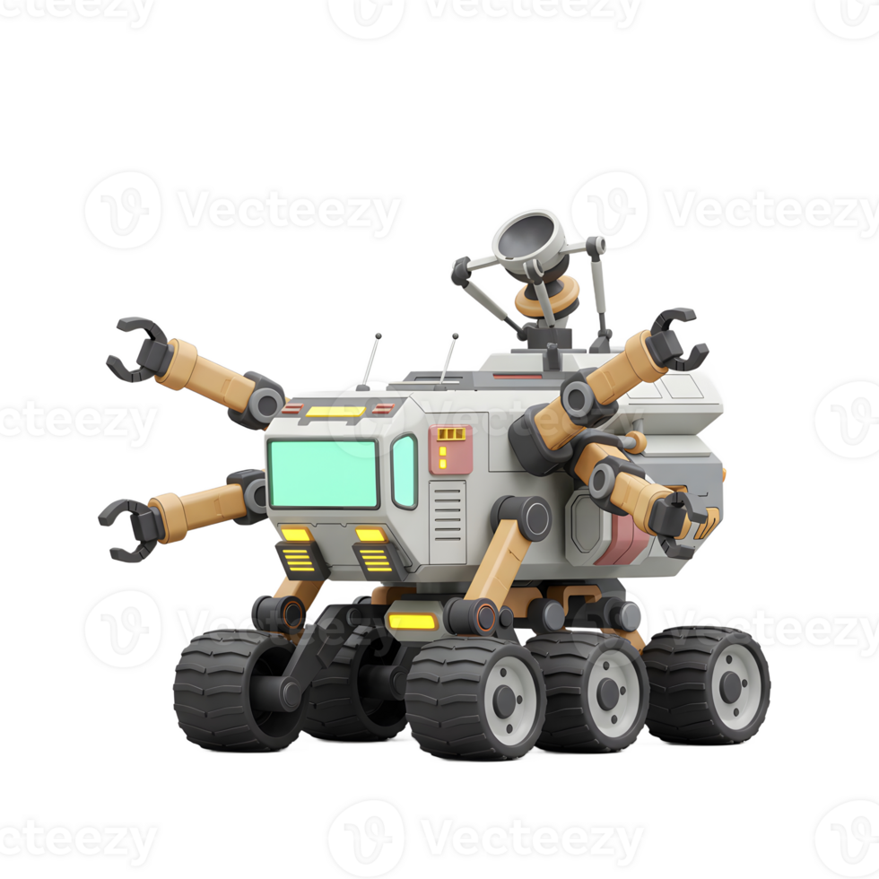A cartoon robot exploration vehicle with arms and wheels is seen on a white background, suitable for illustrations or animations. png