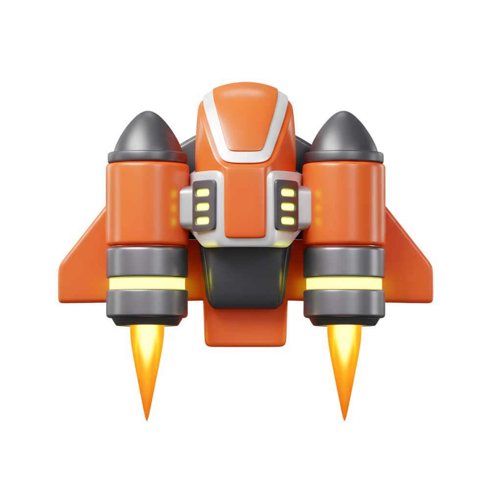 An orange rocket ship propels forward with flames shooting out of its thrusters, suggesting a fun game or toy for children. png