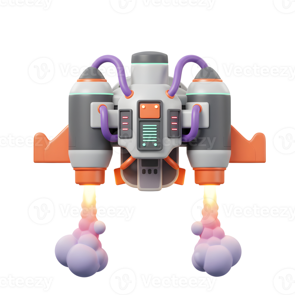 This cartoon jetpack is firing its thrusters, expelling purple smoke, and could be used for children's games or animations. png