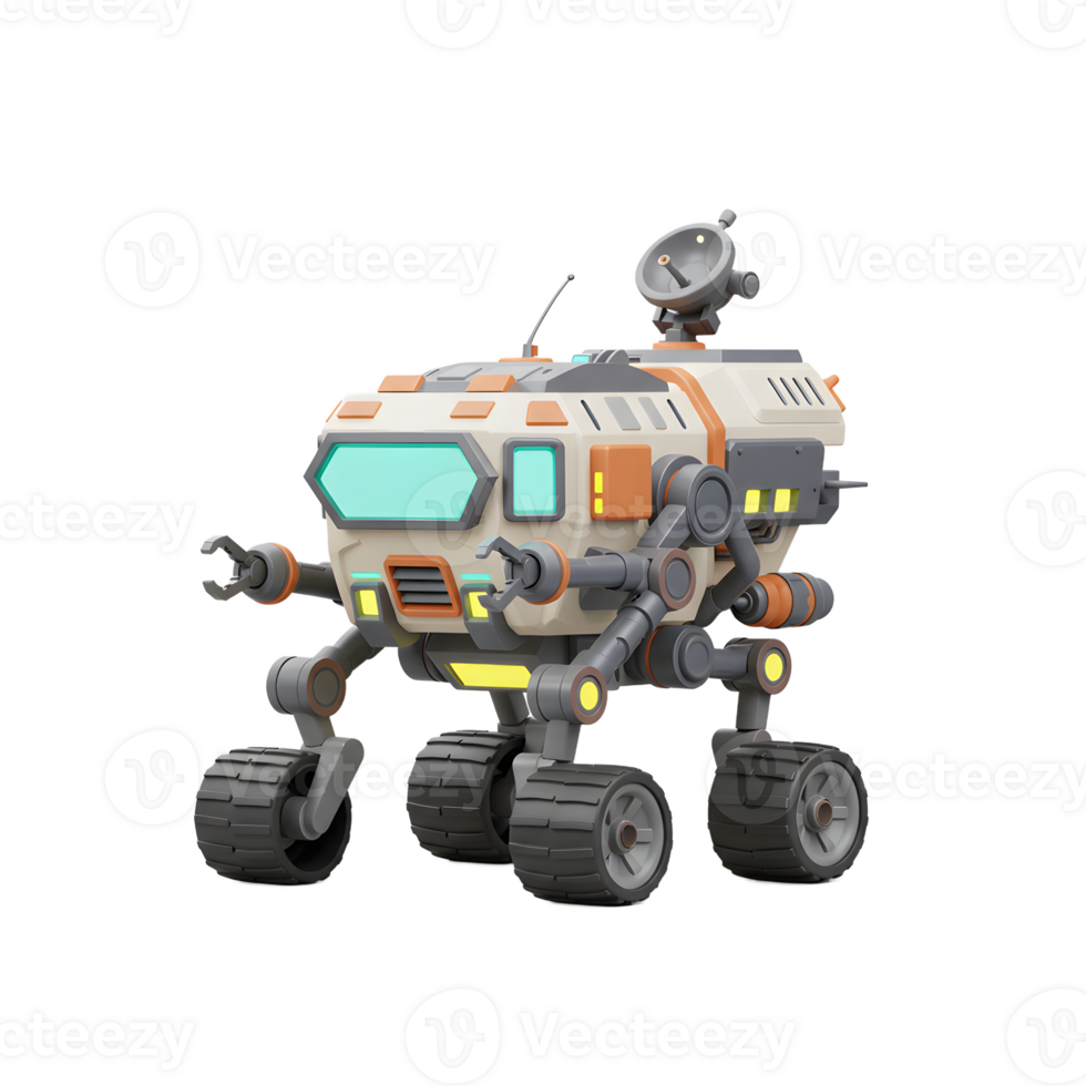 A cartoon rover stands against a white background, featuring detailed design elements perfect for illustrative projects. png