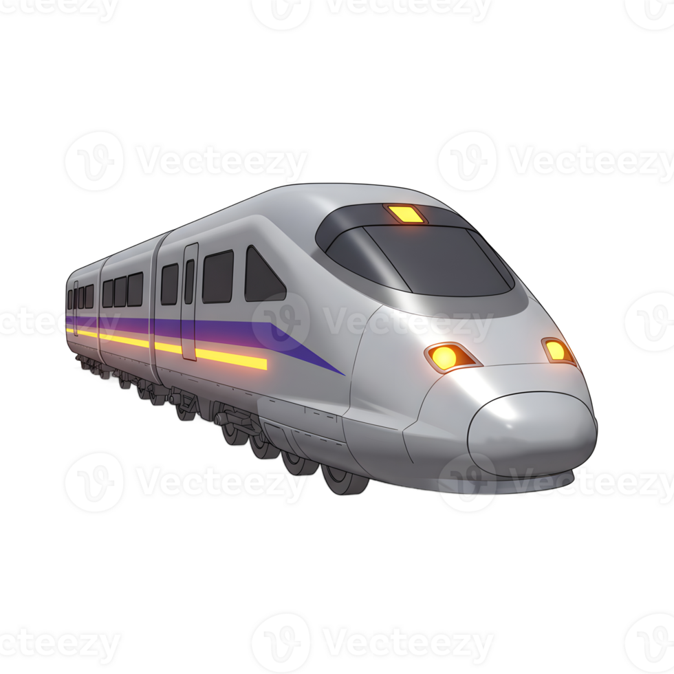 Illustration showing a high speed train with purple stripes and orange lights used for transportation. png