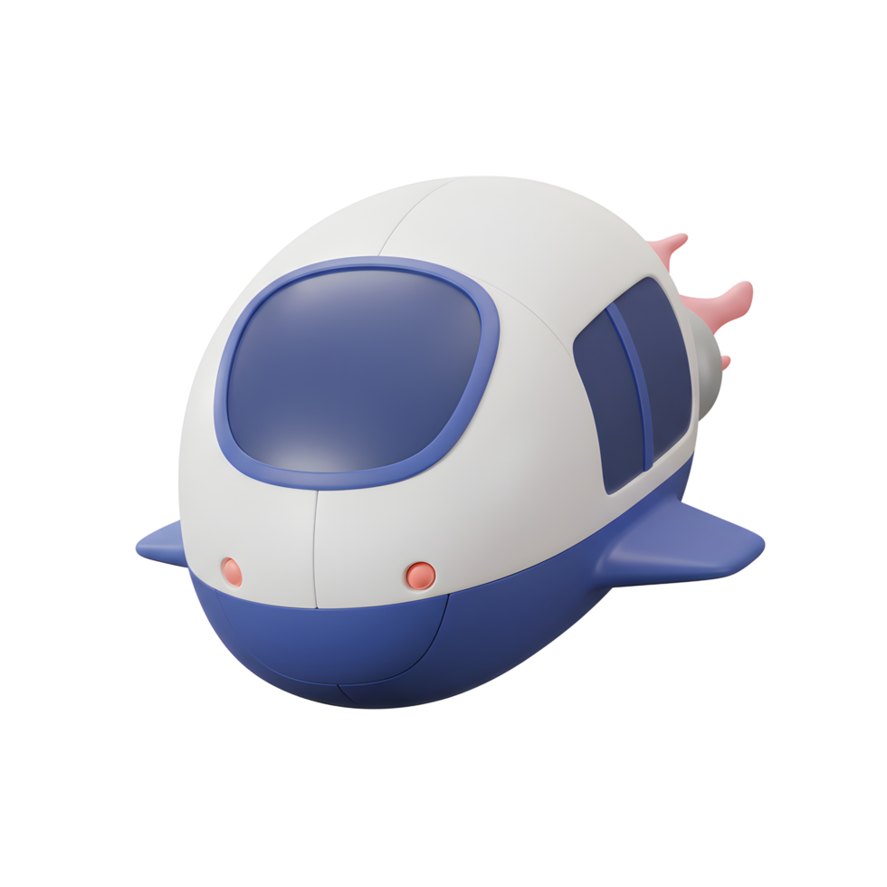 A cartoon spaceship with a blue window, fins, and pink details is depicted in a rendered style, likely used for children's illustration. png
