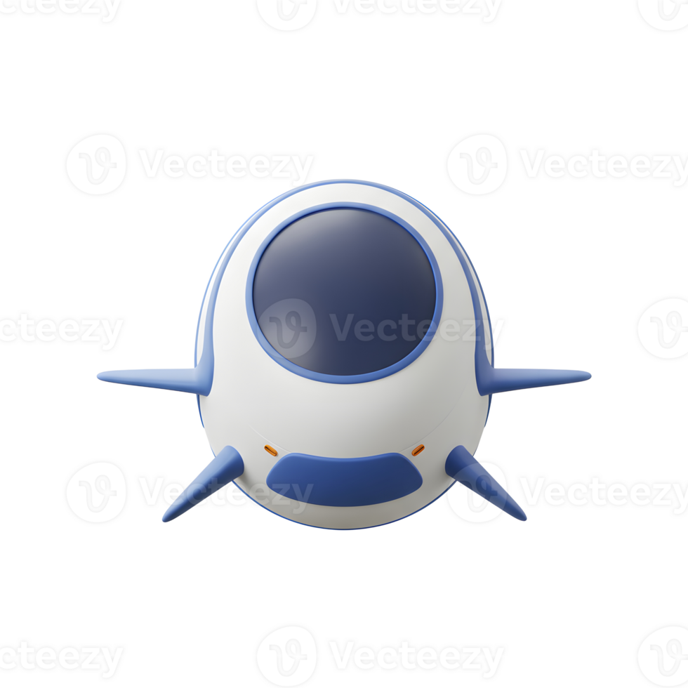 A cartoon spaceship is designed with rounded features, white and blue coloring, and a dark window, resembling a toy for creative play. png