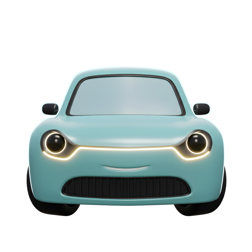 Cartoon teal car features a smiling front and rounded headlights set against a white background, suitable for children's content or fun designs. png